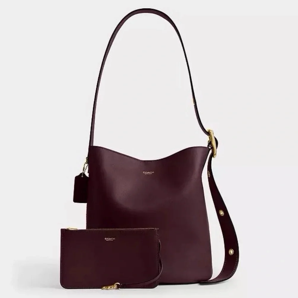 Coach Bleecker Bucket Bag & Pouch in Brass/Merlot Natural Grain Leather NWT - Picture 1 of 16